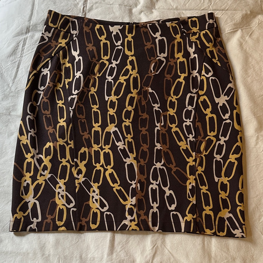 J. McLaughlin LESLIE Pencil skirt in Gold and Brown Chain Link print size 10